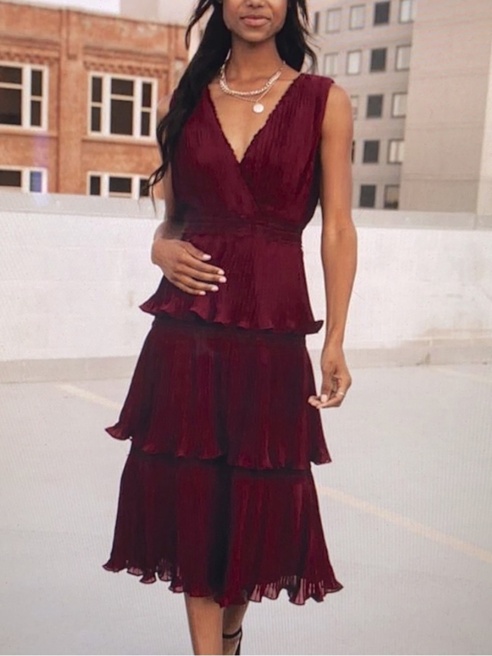 Bohme NWT Midi Tiered Tank Dress Pleated Burgundy - Size XS
